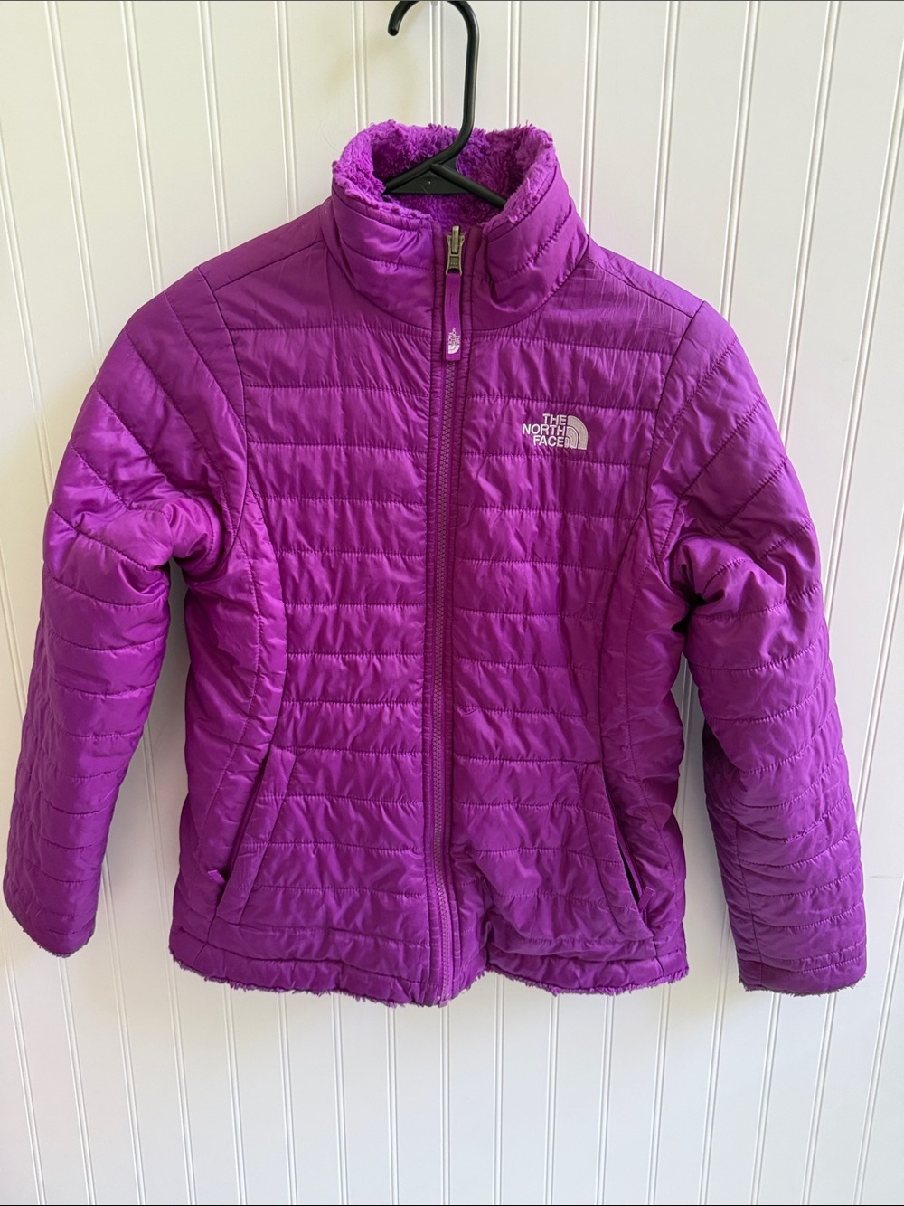 (346)The North Face Girls' Purple Quilted Insulated Puffer Jacket reversible
